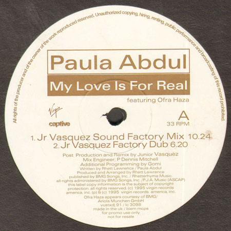 PAULA ABDUL - My Love Is For Real  (Junior Vasquez, Mark Picchiotti, E-Smoove rmxs)