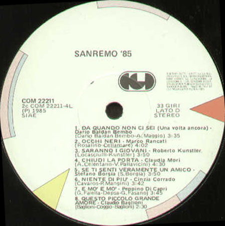 VARIOUS (BALDAN BEMBO, CLAUDIA MORI, CLAUDIO BAGLIONI- - Sanremo 85 (Only Side C/D)