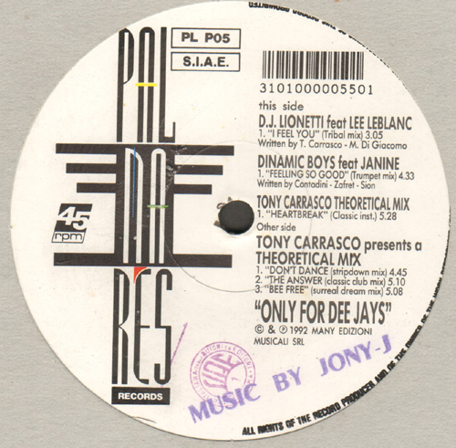 VARIOUS (D.J. LIONETTI / DINAMIC BOYS / TONY CARRASCO) - Only For Dee Jays (I Feel You / Feel So Good / Heartbreak / Don't Dance / The Answer / Bee Free)