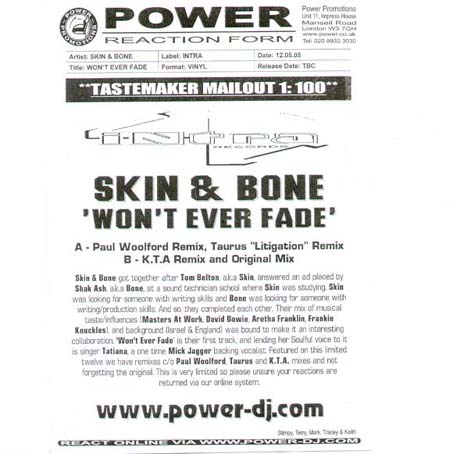 SKIN & BONE - Won't ever fade (Original, Paul Woolford, Taurus, K.T.A. rmxs)